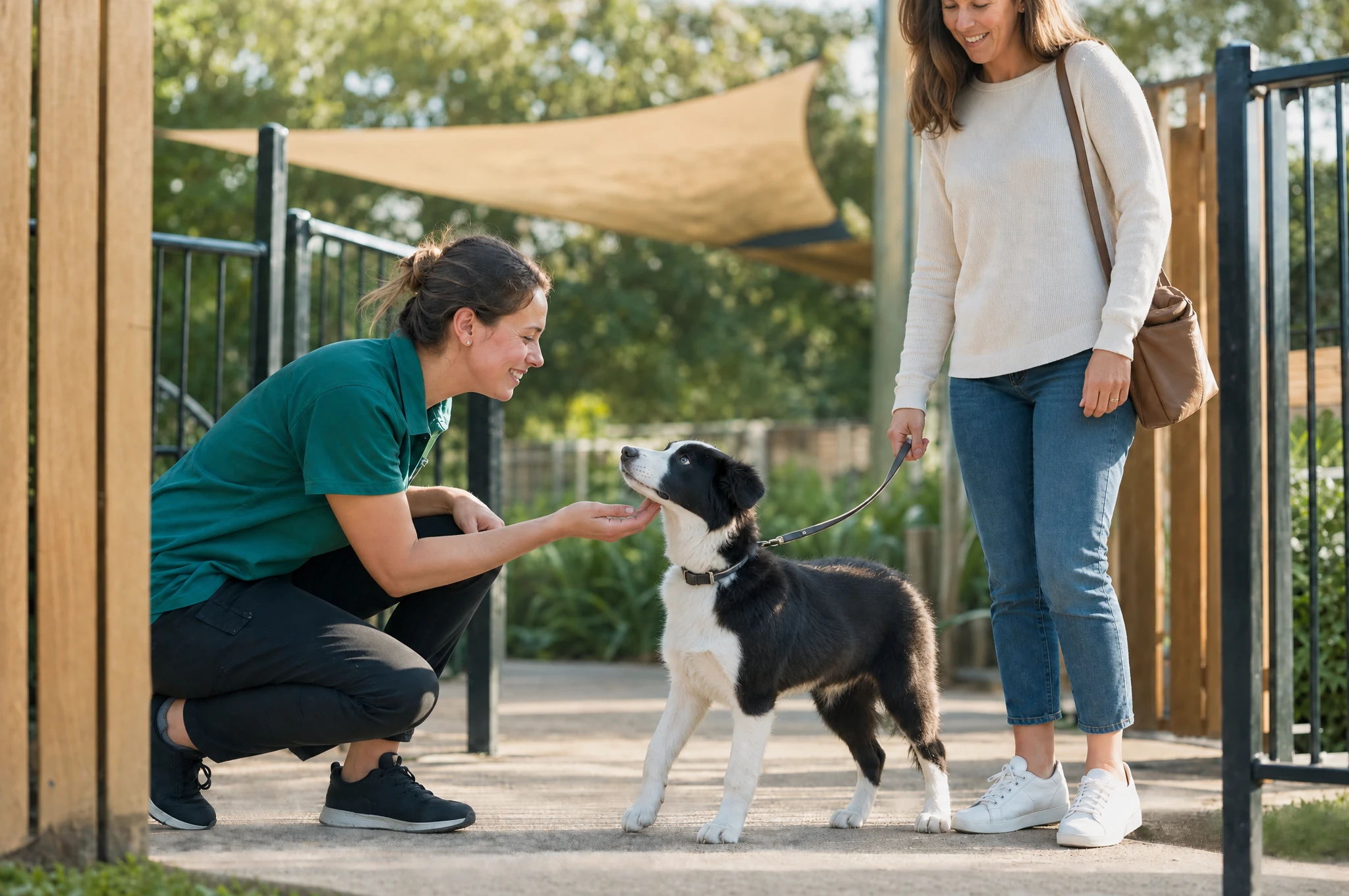 A handler greeting a border collie at the daycare gate