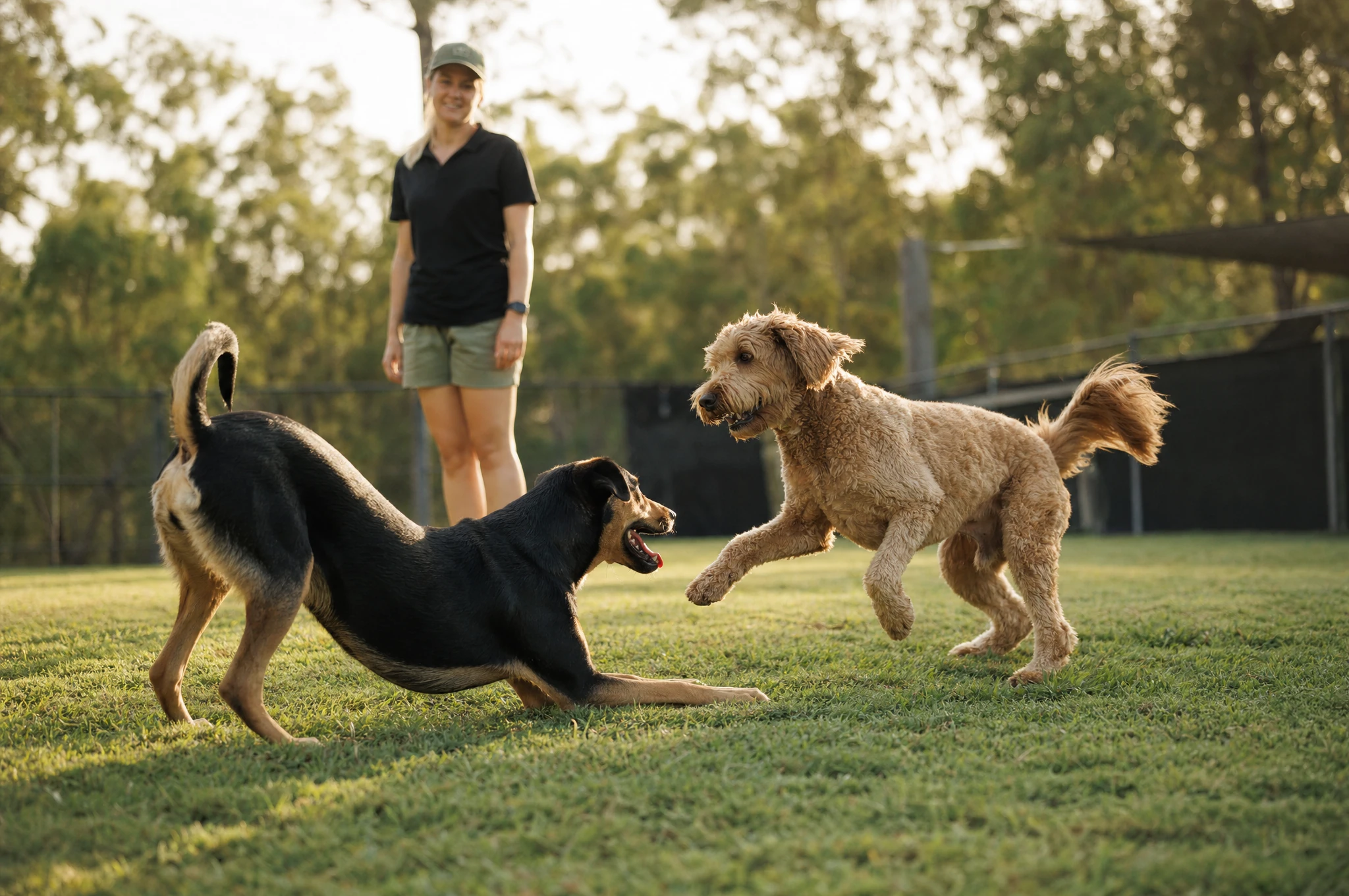 Two dogs playing on the grass while a handler watches