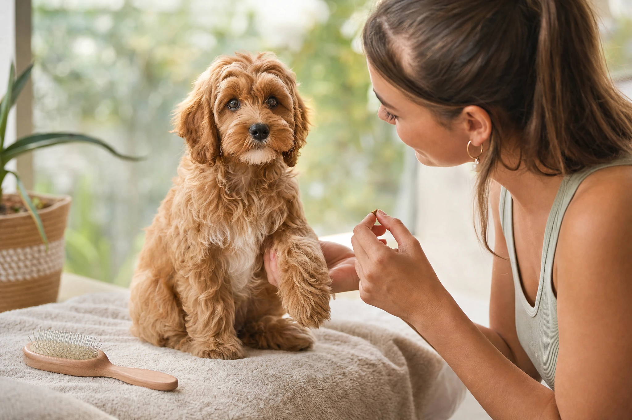 A groomer with a cavoodle and a brush
