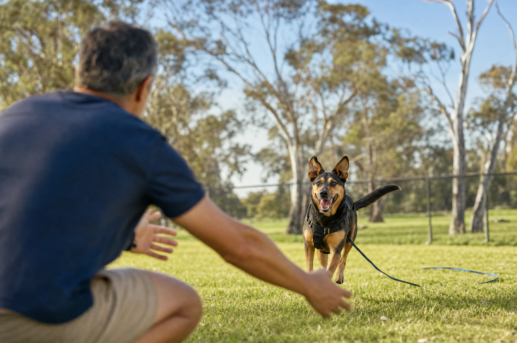 A trainer calling a dog across a park