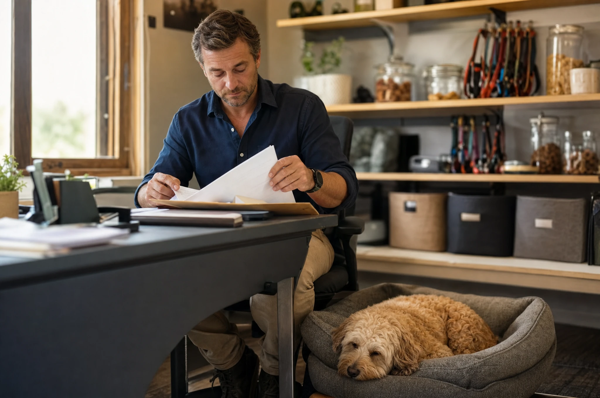 A business owner doing the books, with a dog asleep beside the desk
